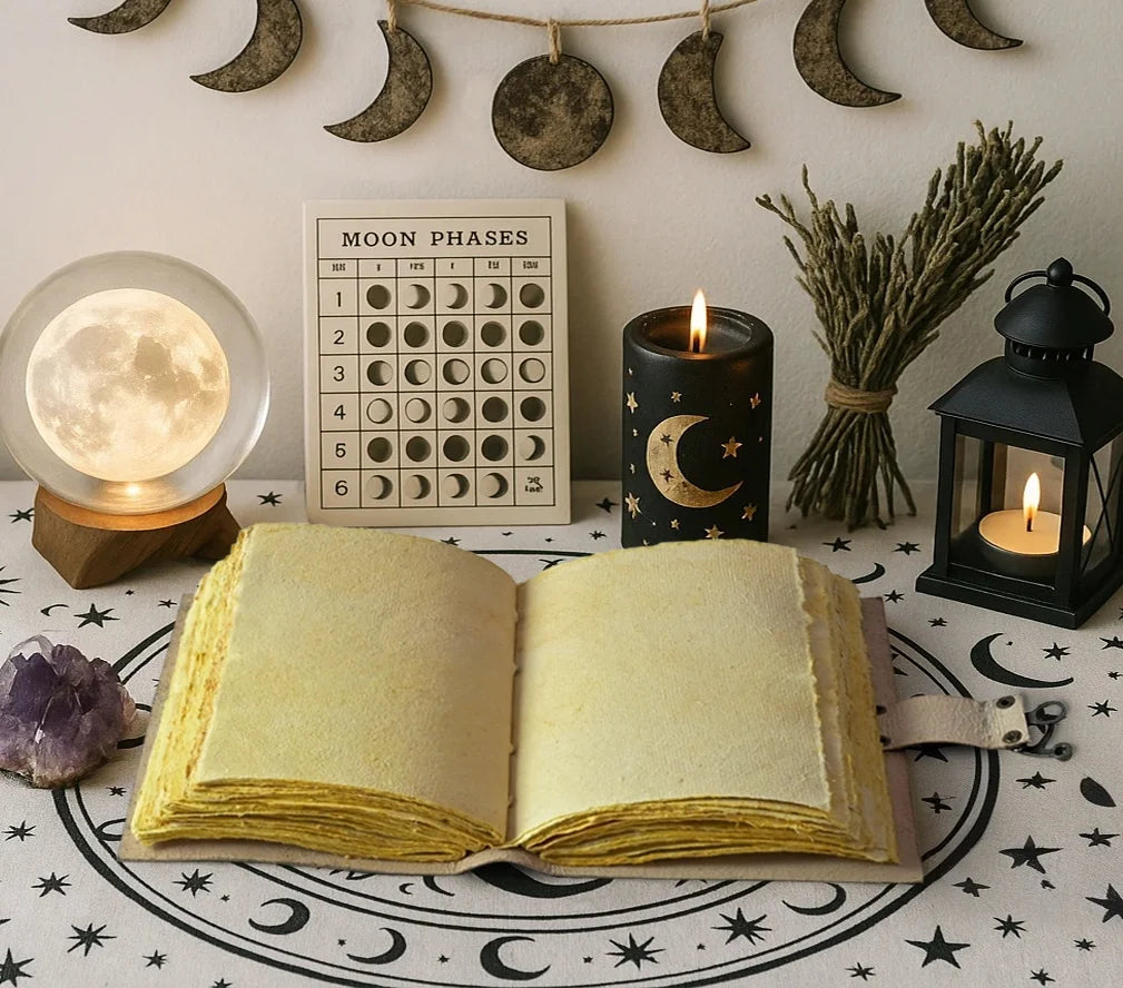 Moon Phase Leather Journal - Blank Spell Book of Shadows Grimoire Journal, 200 Vintage Deckle Edge Pages, Journal for Women & Men, Moon Phase Decor, Gothic Gifts (7X5 Inch)