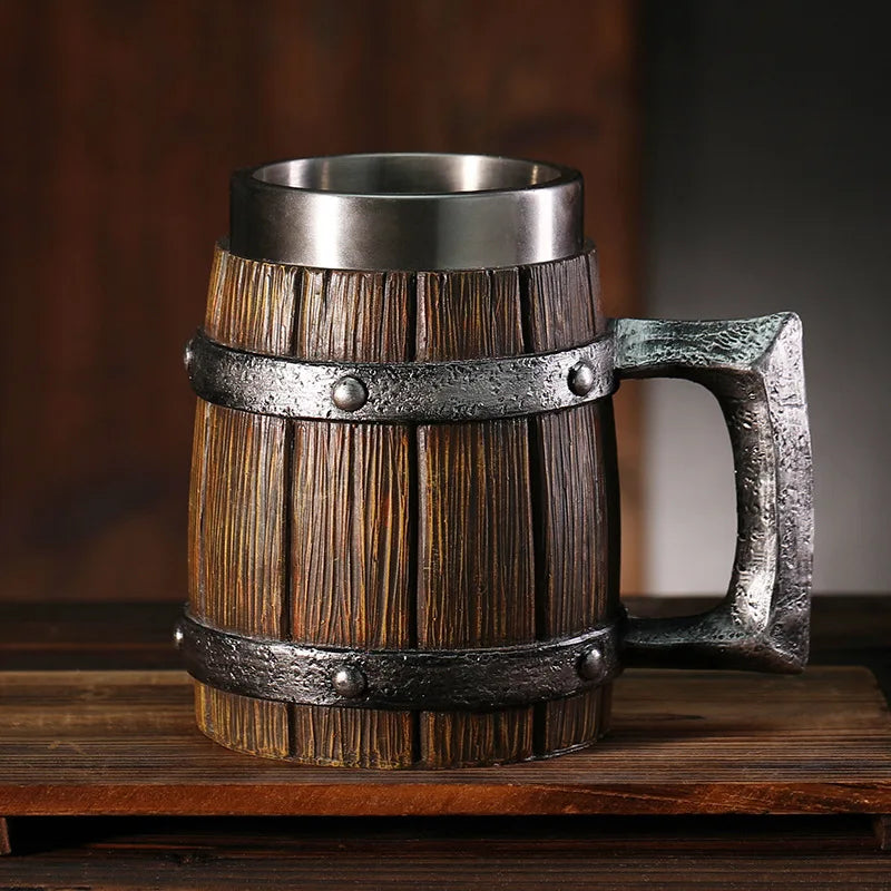 Wooden Barrel Designed Insulated Tumbler, 20Oz Stainless Steel Travel Mug for Beer, Coffee & Cold Beverages