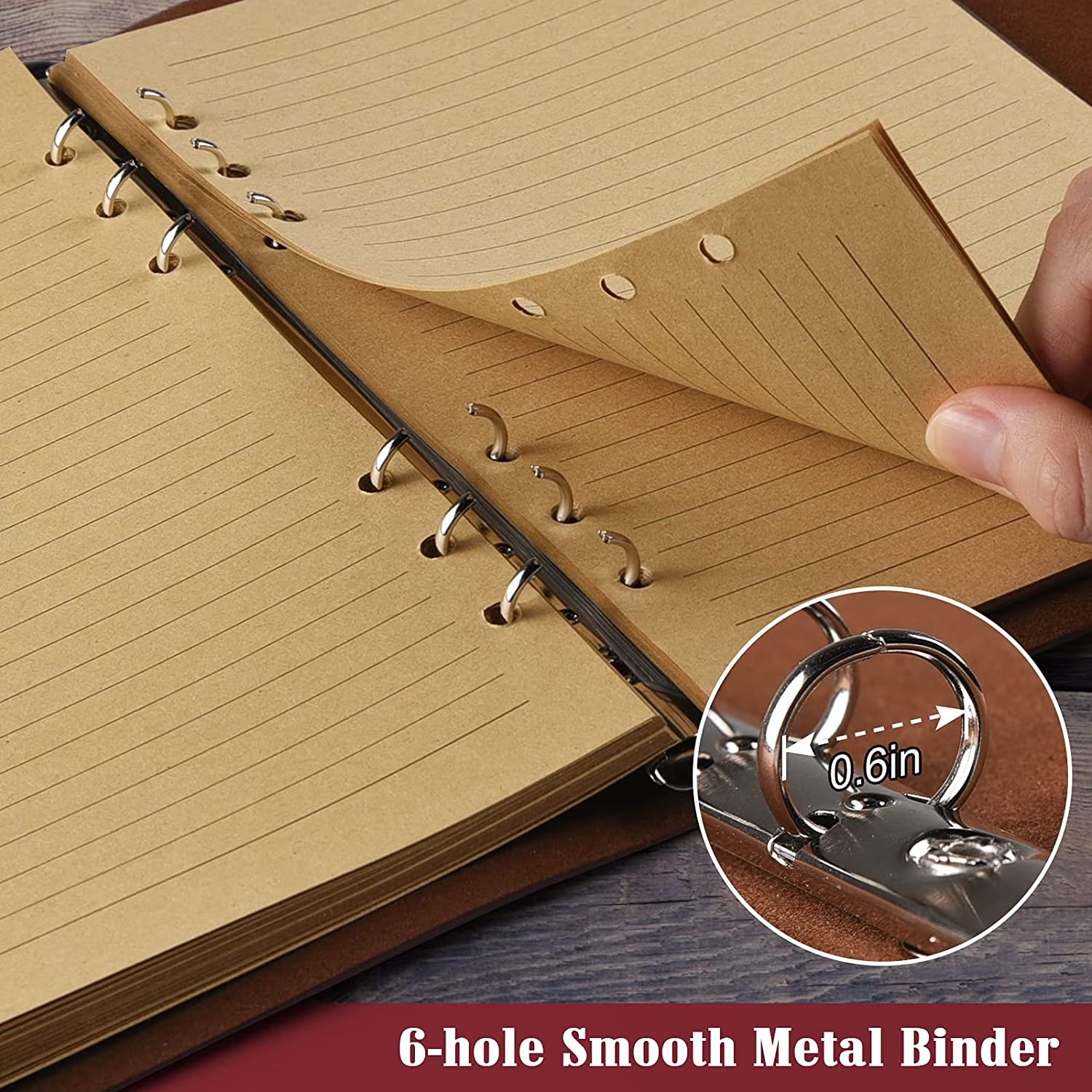 Leather Journal Notebook, Refillable Writing Journal Diary Planner for Women, A5 Size (6.3 X 9.3 Inches), Lined Journal for Writing, Travel Journal with 6-Ring Binder Pockets