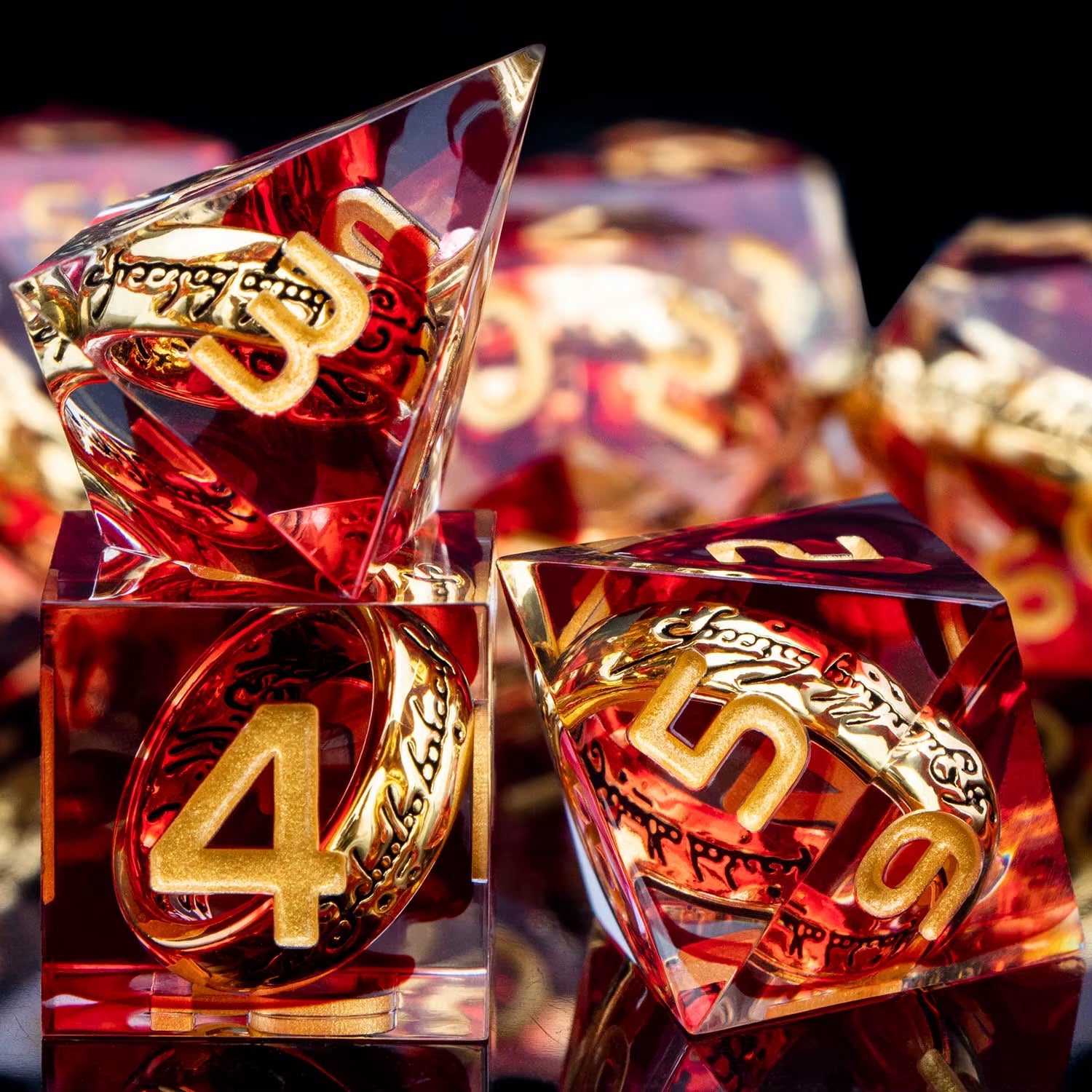 ORIFANTOU DND Red Rings & Liquid Flow Eye Sharp Edge Resin Dice Set D&D Dungeon and Dragon Handmade D20 D and D Polyhedral Dice