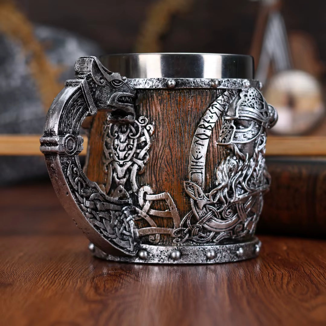 Valhalla Viking Stainless Steel Nordic Viking Barrel Dragon Boat Warrior Horn Skull Beer Mug Tankard Stein Cup 400 Ml