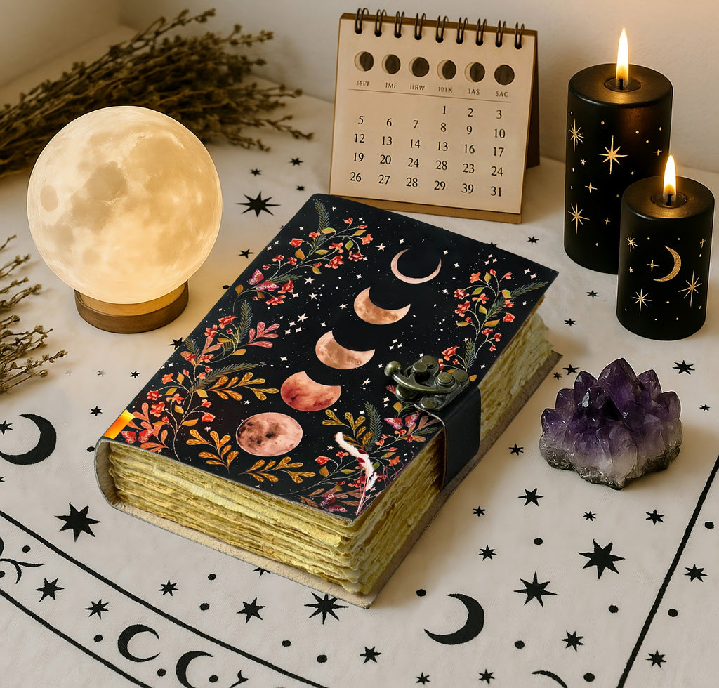 Moon Phase Leather Journal - Blank Spell Book of Shadows Grimoire Journal, 200 Vintage Deckle Edge Pages, Journal for Women & Men, Moon Phase Decor, Gothic Gifts (7X5 Inch)