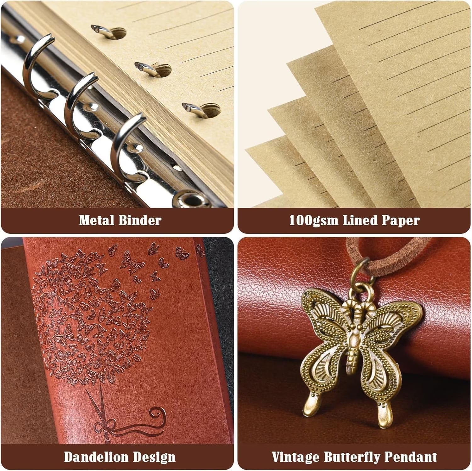 Leather Journal Notebook, Refillable Writing Journal Diary Planner for Women, A5 Size (6.3 X 9.3 Inches), Lined Journal for Writing, Travel Journal with 6-Ring Binder Pockets