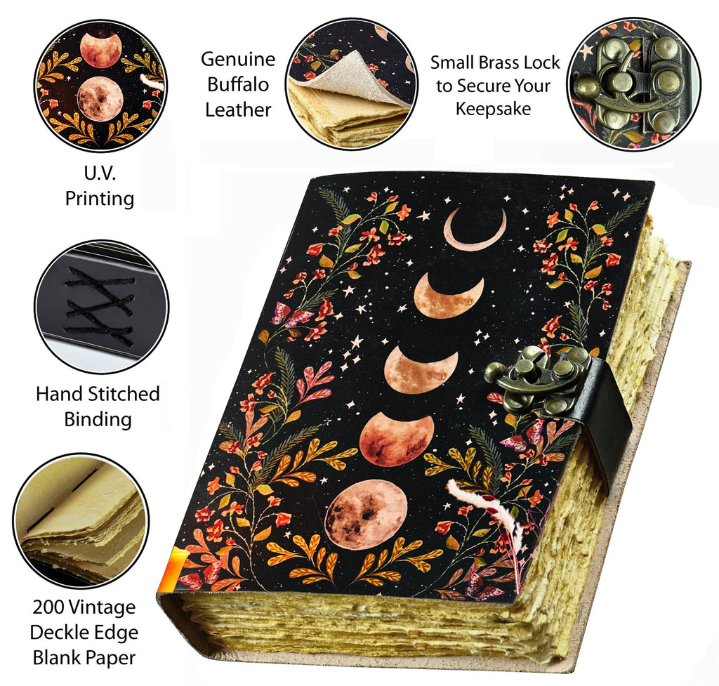 Moon Phase Leather Journal - Blank Spell Book of Shadows Grimoire Journal, 200 Vintage Deckle Edge Pages, Journal for Women & Men, Moon Phase Decor, Gothic Gifts (7X5 Inch)