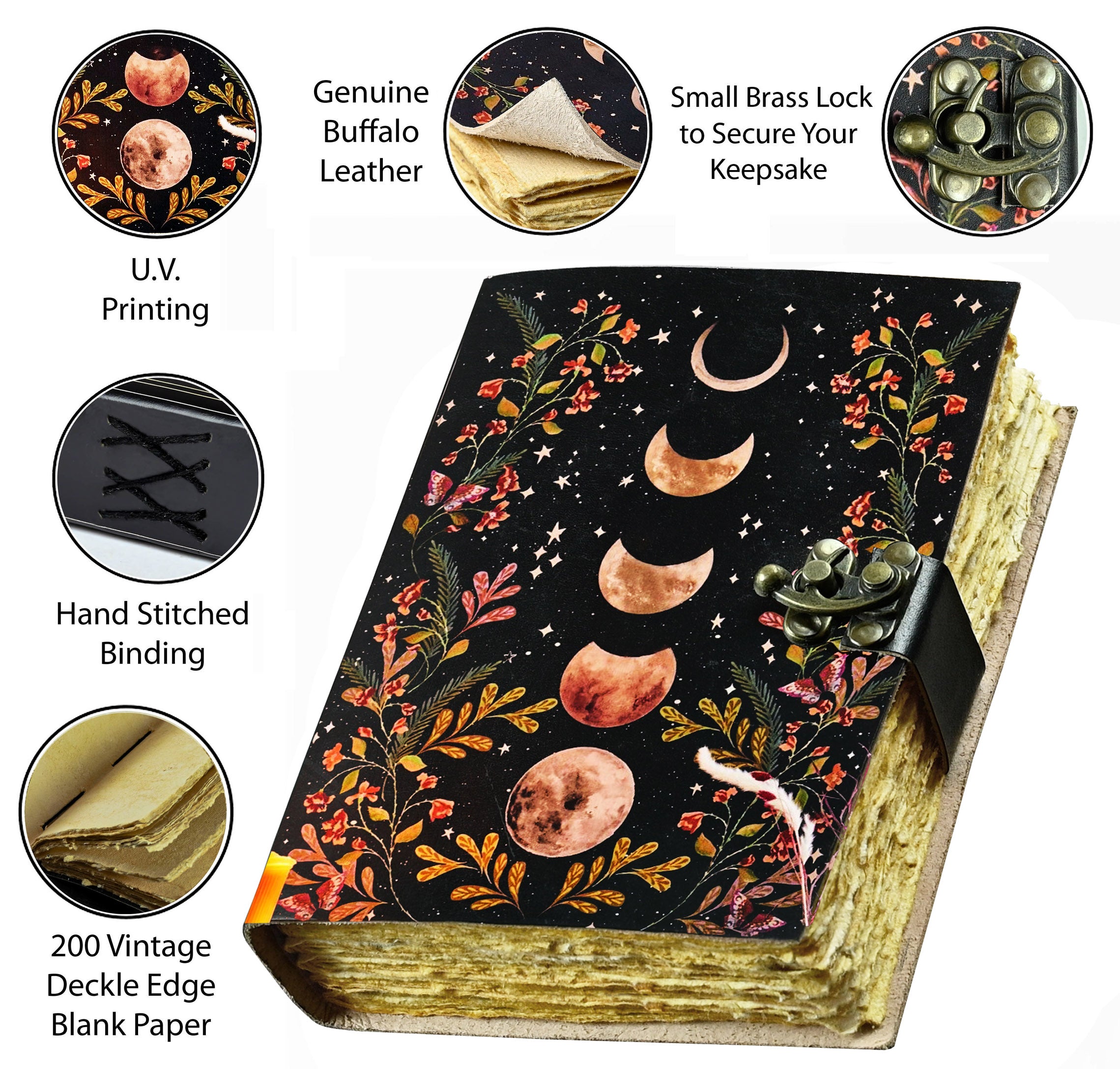 Moon Phase Leather Journal - Blank Spell Book of Shadows Grimoire Journal, 200 Vintage Deckle Edge Pages, Journal for Women & Men, Moon Phase Decor, Gothic Gifts (7X5 Inch)
