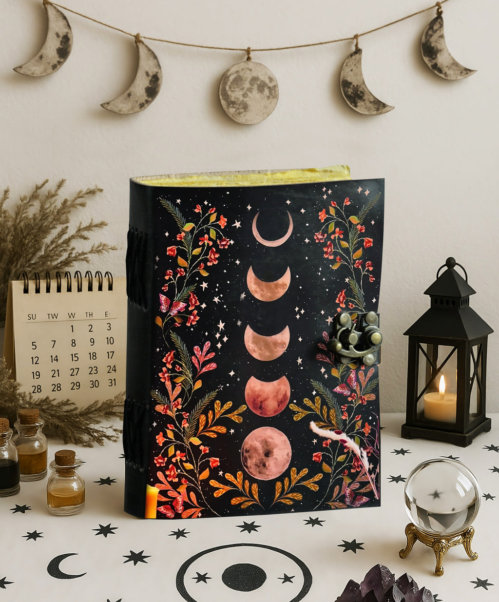 Moon Phase Leather Journal - Blank Spell Book of Shadows Grimoire Journal, 200 Vintage Deckle Edge Pages, Journal for Women & Men, Moon Phase Decor, Gothic Gifts (7X5 Inch)