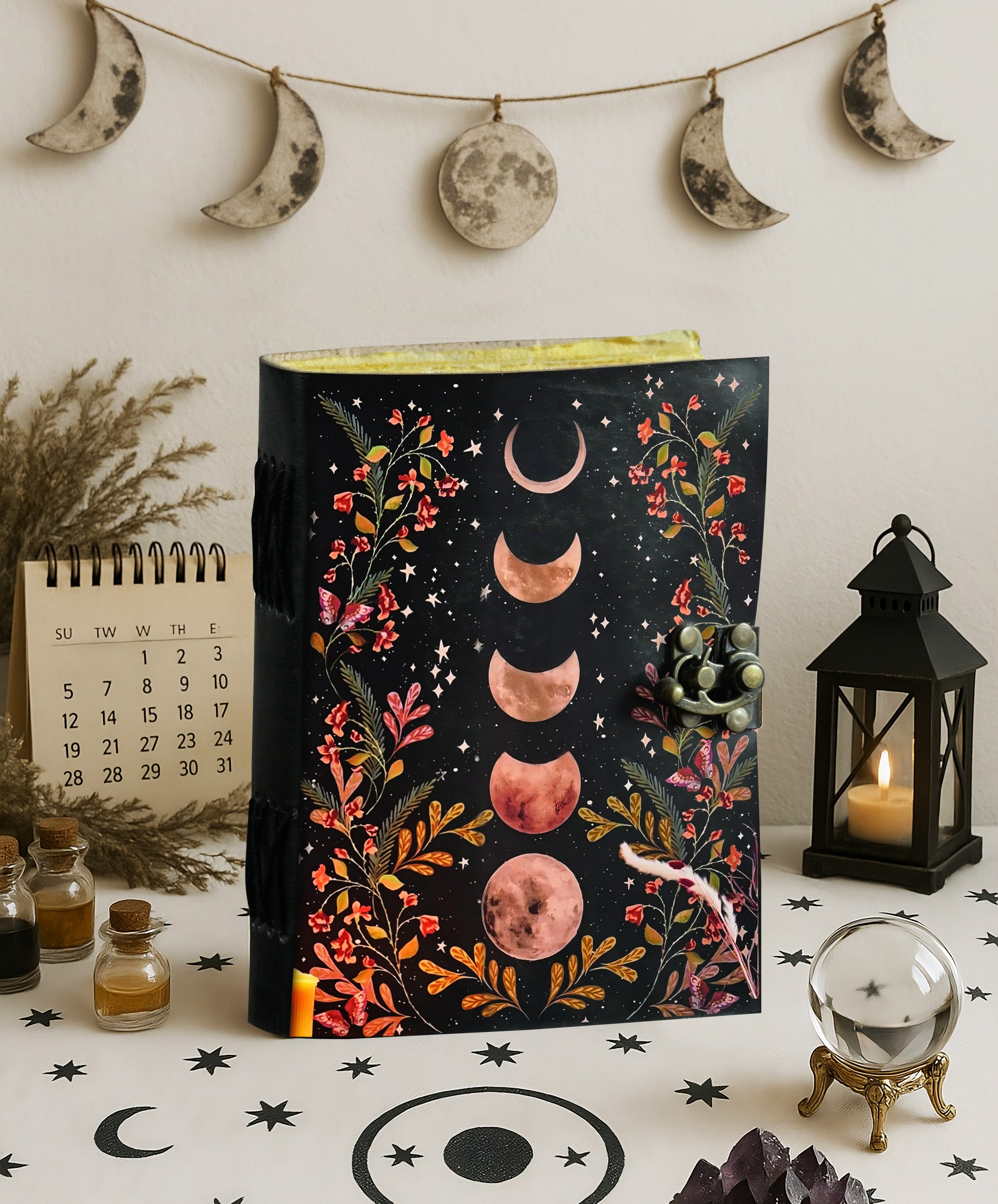 Moon Phase Leather Journal - Blank Spell Book of Shadows Grimoire Journal, 200 Vintage Deckle Edge Pages, Journal for Women & Men, Moon Phase Decor, Gothic Gifts (7X5 Inch)