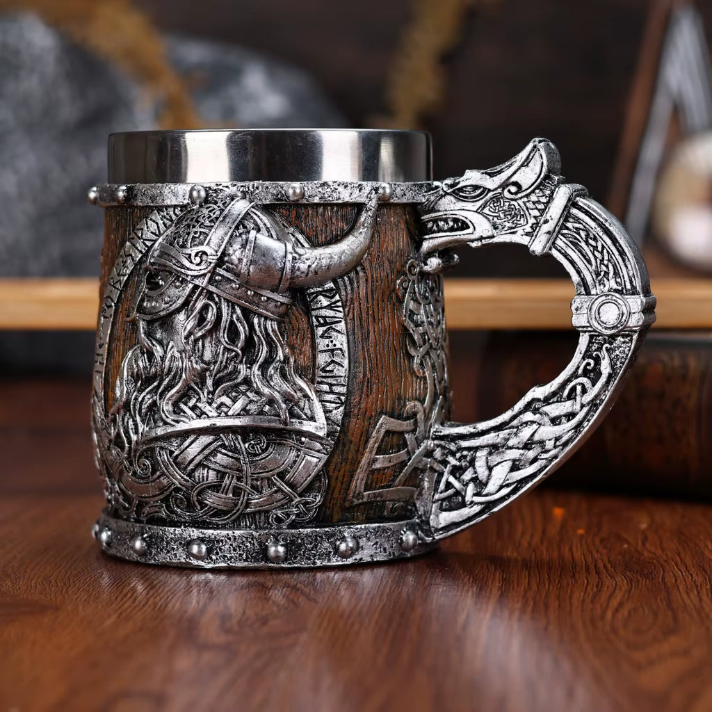 Valhalla Viking Stainless Steel Nordic Viking Barrel Dragon Boat Warrior Horn Skull Beer Mug Tankard Stein Cup 400 Ml