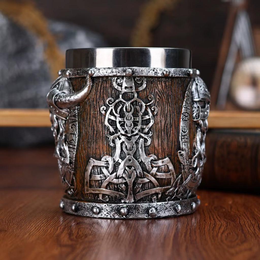 Valhalla Viking Stainless Steel Nordic Viking Barrel Dragon Boat Warrior Horn Skull Beer Mug Tankard Stein Cup 400 Ml