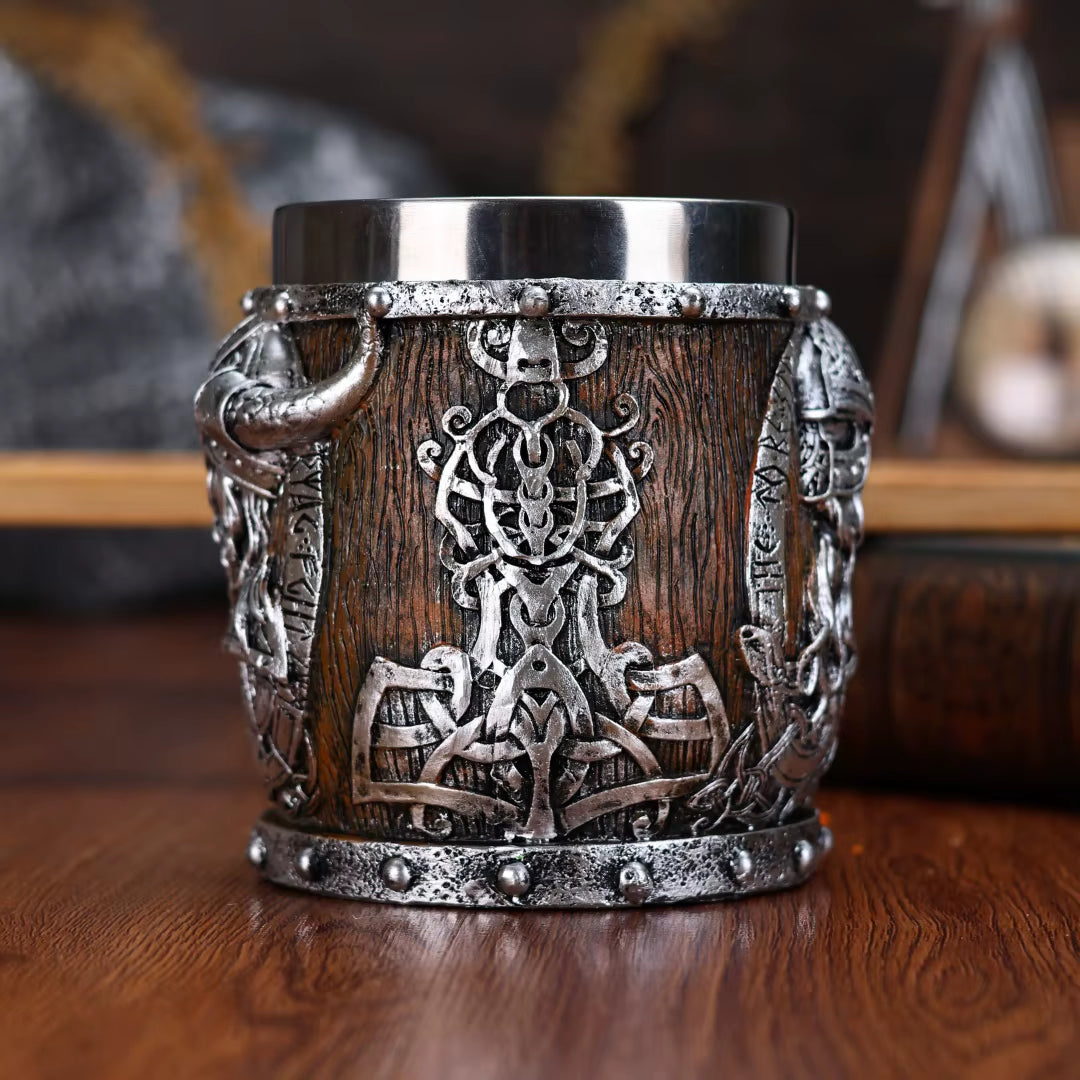 Valhalla Viking Stainless Steel Nordic Viking Barrel Dragon Boat Warrior Horn Skull Beer Mug Tankard Stein Cup 400 Ml