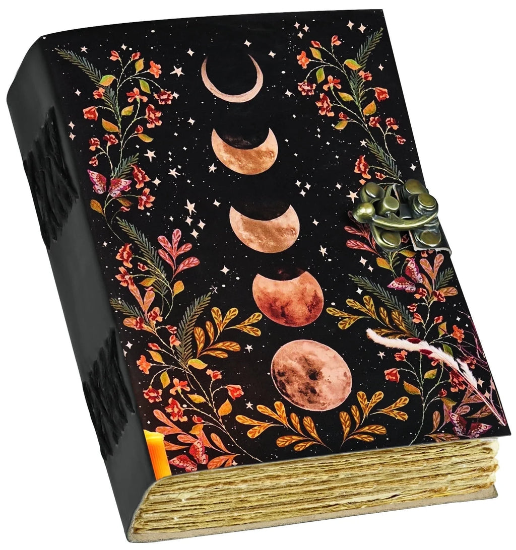 Moon Phase Leather Journal - Blank Spell Book of Shadows Grimoire Journal, 200 Vintage Deckle Edge Pages, Journal for Women & Men, Moon Phase Decor, Gothic Gifts (7X5 Inch)