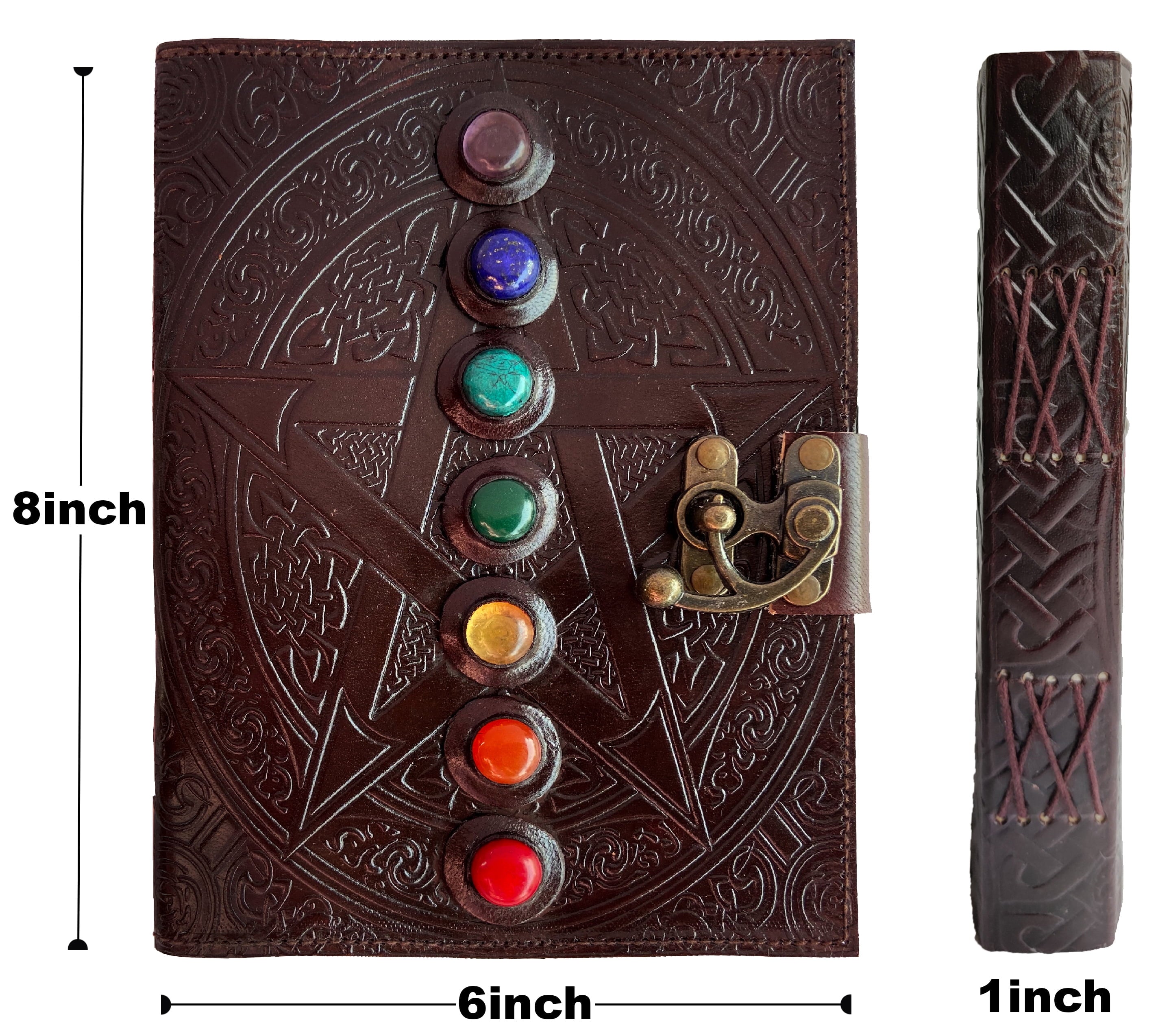Leather Journal Writing Notebook 7 Chakra Stone Diary for Men & Women, Handmade Antique Deckle Edge Paper - Book of Shadow Travel Diary Gift for Him Her by , Brown