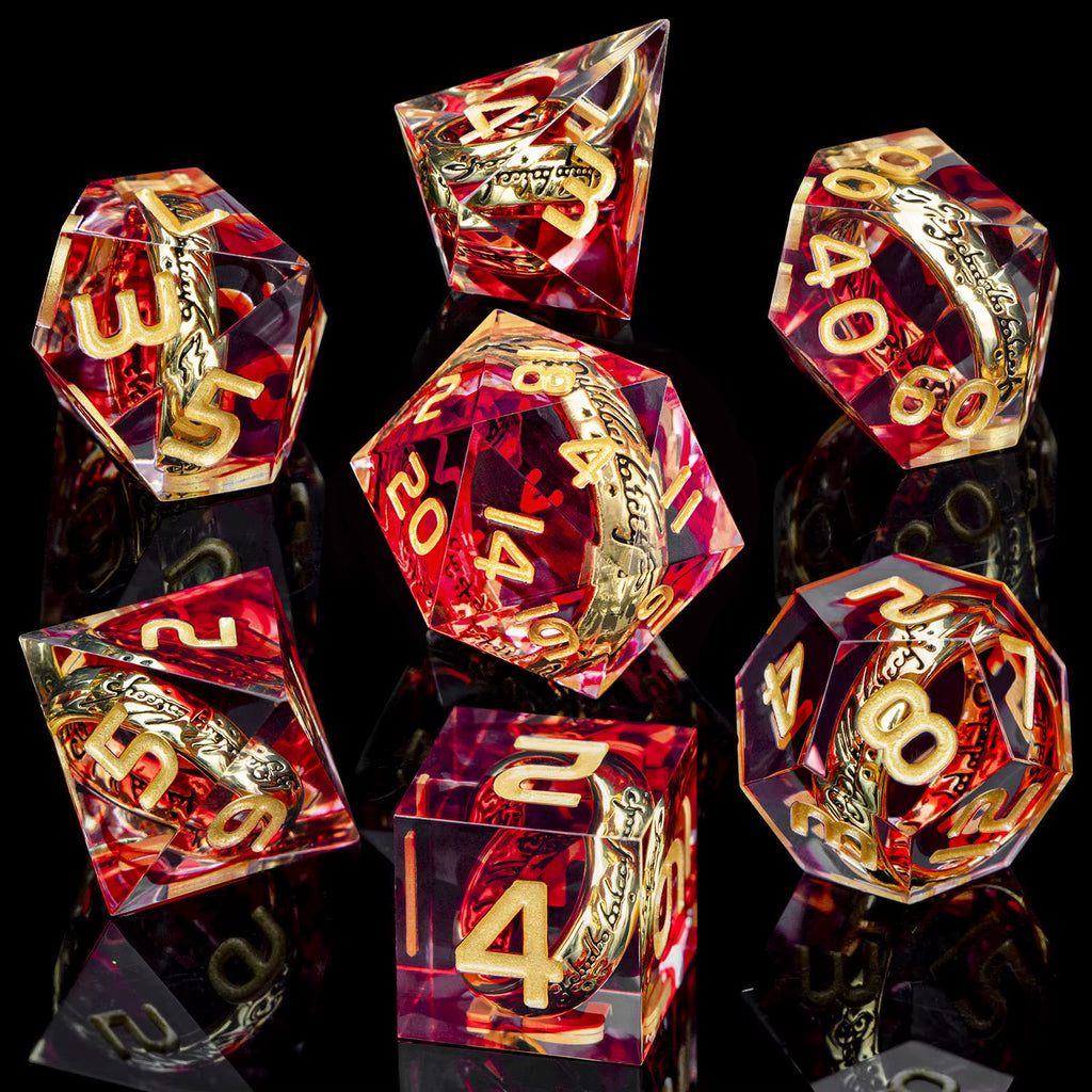 ORIFANTOU DND Red Rings & Liquid Flow Eye Sharp Edge Resin Dice Set D&D Dungeon and Dragon Handmade D20 D and D Polyhedral Dice