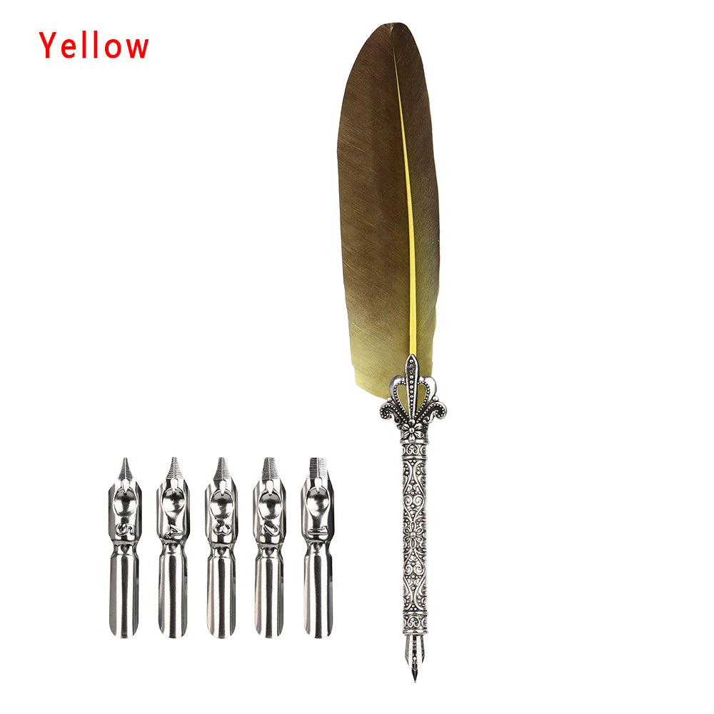 1 Set Multicolor Retro Quill Dip Pen Turkey Feather Pen Quill Oblique + 5 Nibs+ Pen Set Gift Writing Tools Office School Supply